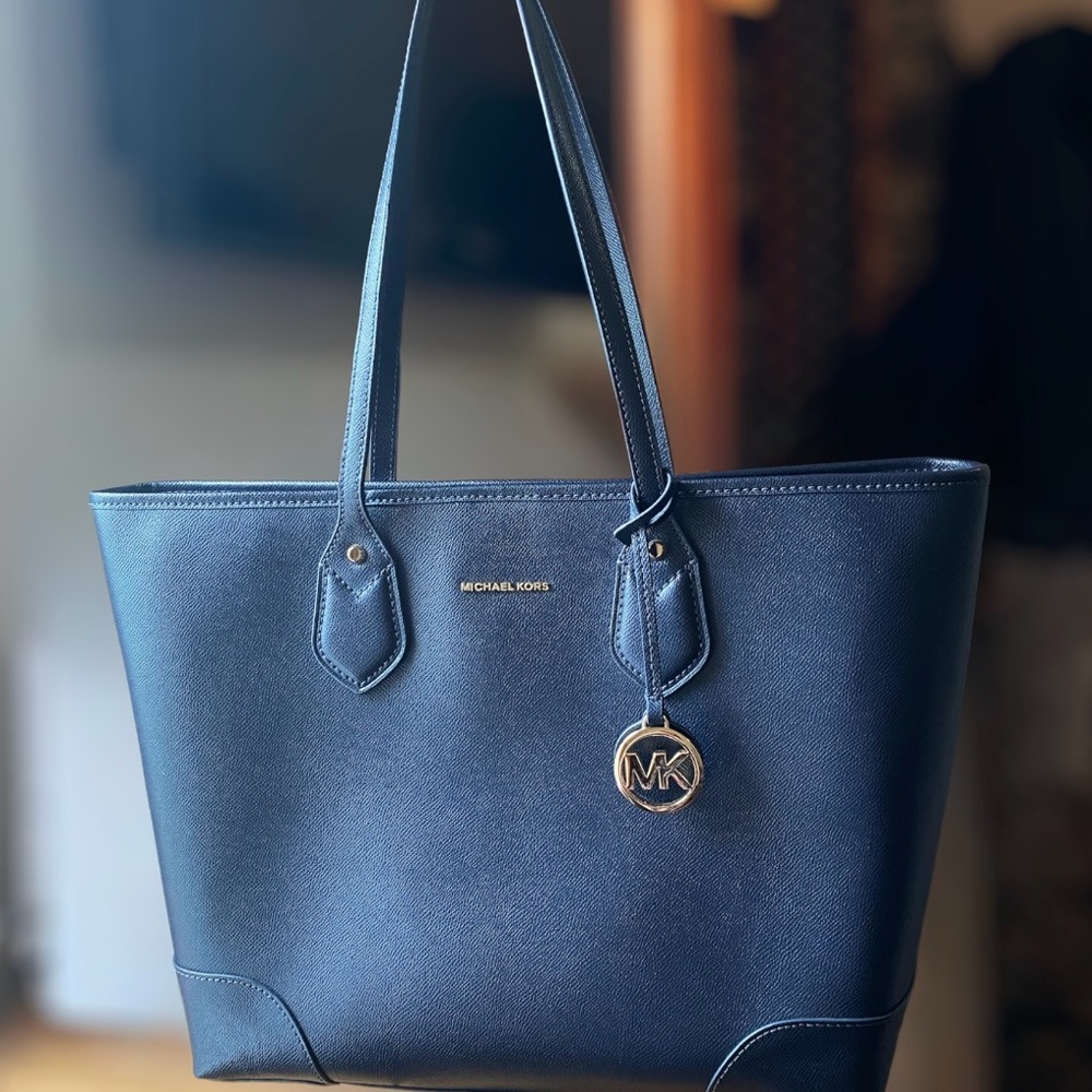 Michael Kors Saylor Navy Blue Leather Large Tote Shoulder Bag